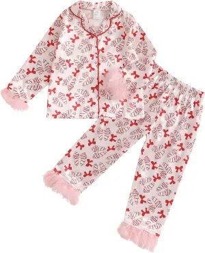 Kids Girls Christmas Valentines Pajamas Cute Print Button Down Tops   Pants Toddler Satin Sleepwear Silk Pajama Set
