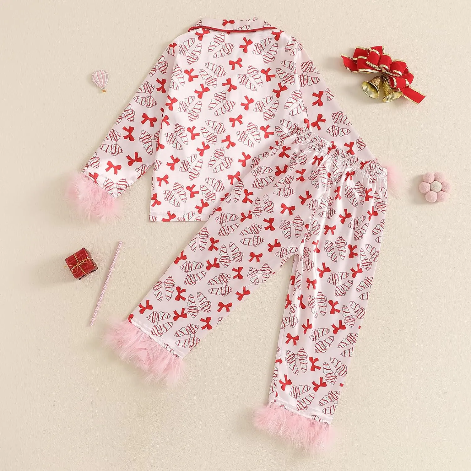 Kids Girls Christmas Valentines Pajamas Cute Print Button Down Tops   Pants Toddler Satin Sleepwear Silk Pajama Set