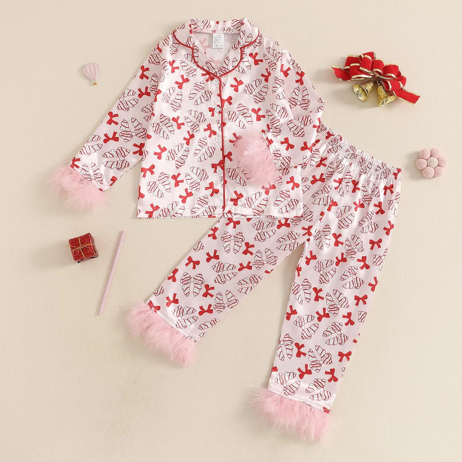 Kids Girls Christmas Valentines Pajamas Cute Print Button Down Tops   Pants Toddler Satin Sleepwear Silk Pajama Set