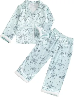 Kids Girls Pajamas Baby Short/Long Sleeve Bow Print Button Down Tops Pants Satin Silk Halloween Christmas Pajamas (Bow Print Sky Blue, 12-18 Months)