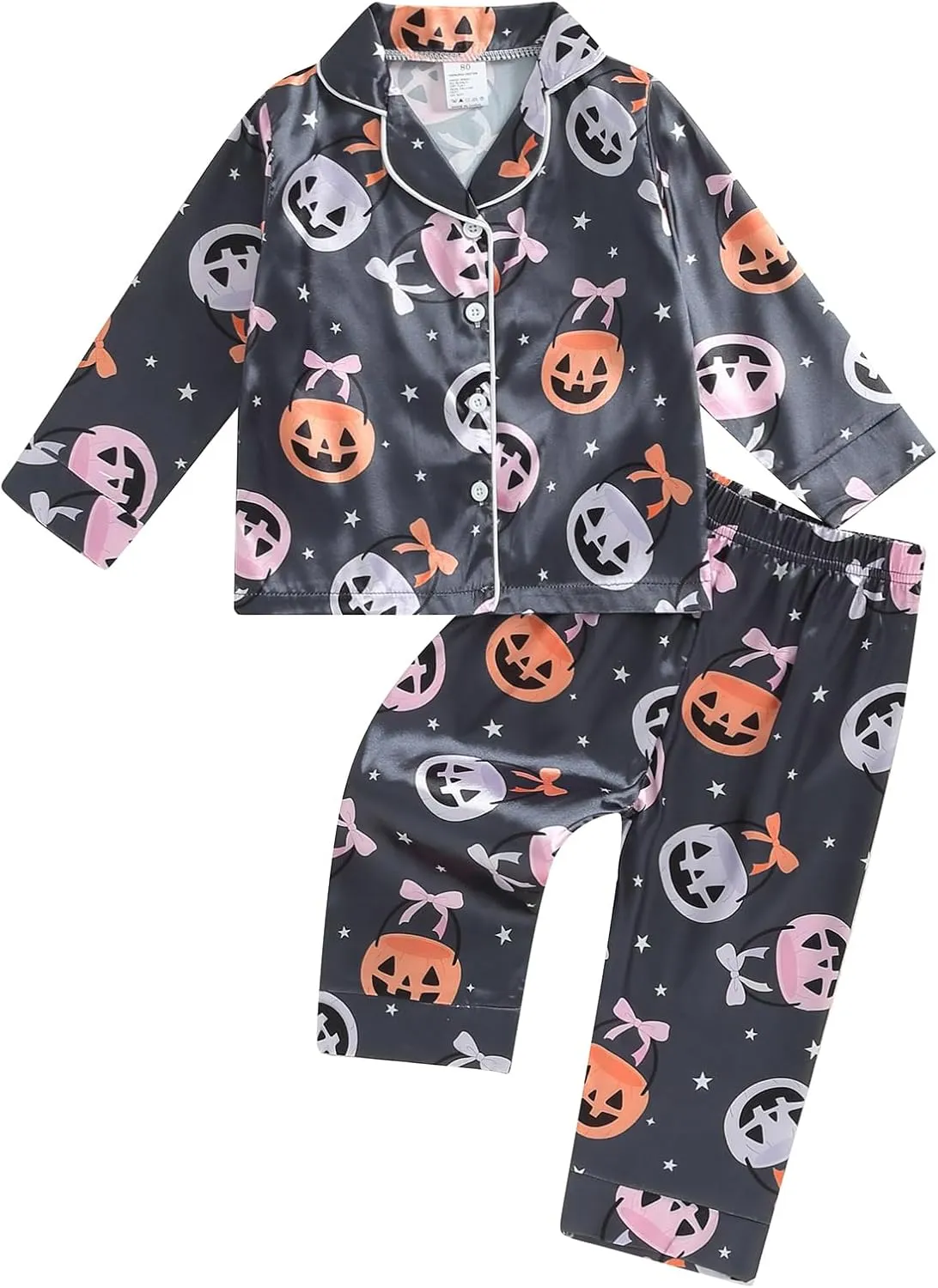 Kids Girls Pajamas Baby Short/Long Sleeve Lapel Button Down Tops And Shorts Satin Sleepwear Silk Halloween Pajamas (Bow Pumpkin Black, 7-8 Years)