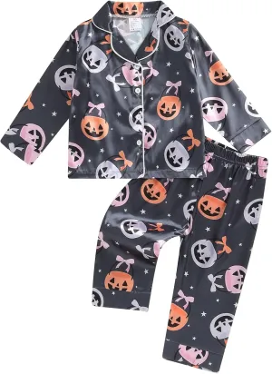 Kids Girls Pajamas Baby Short/Long Sleeve Lapel Button Down Tops And Shorts Satin Sleepwear Silk Halloween Pajamas (Bow Pumpkin Black, 8-9 Years)