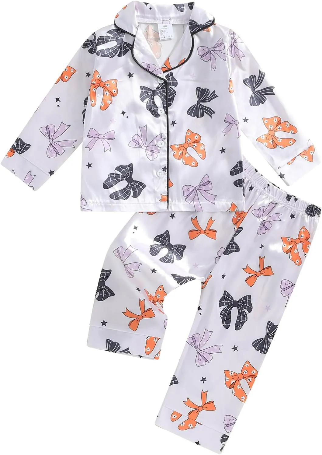 Kids Girls Pajamas Baby Short/Long Sleeve Lapel Button Down Tops And Shorts Satin Sleepwear Silk Halloween Pajamas (Bowknot White, 8-9 Years)