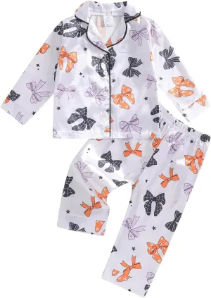 Kids Girls Pajamas Baby Short/Long Sleeve Lapel Button Down Tops And Shorts Satin Sleepwear Silk Halloween Pajamas (Bowknot White, 8-9 Years)