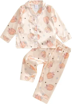 Kids Girls Pajamas Baby Short/Long Sleeve Lapel Button Down Tops And Shorts Satin Sleepwear Silk Halloween Pajamas (Orange Pumpkin&Bow, 1-2 Years)