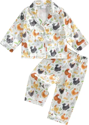 Kids Girls Pajamas Baby Short/Long Sleeve Lapel Button Down Tops Pants Satin Sleepwear Silk Fall Spring Loungewear (Y Farm Chicken White, 4-5 Years)
