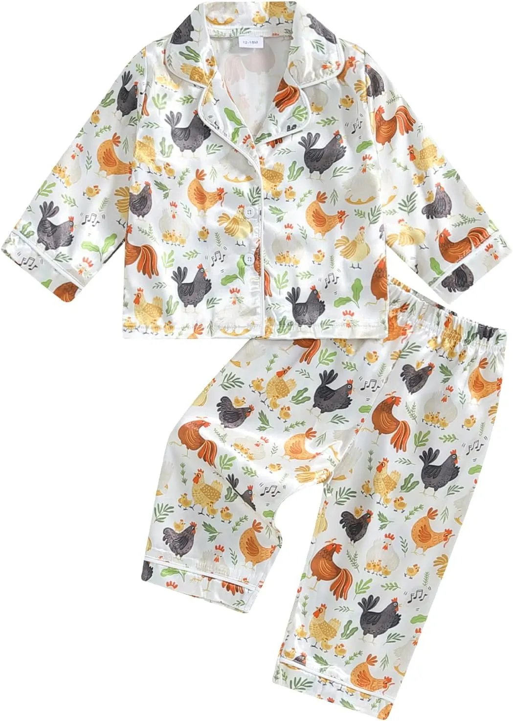 Kids Girls Pajamas Baby Short/Long Sleeve Lapel Button Down Tops Pants Satin Sleepwear Silk Fall Spring Loungewear (Y Farm Chicken White, 4-5 Years)