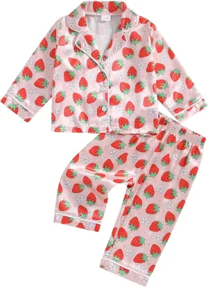 Kids Girls Pajamas Baby Short/Long Sleeve Lapel Button Down Tops Pants Satin Sleepwear Silk Fall Spring Loungewear (Y Strawberry Pink, 4-5 Years)