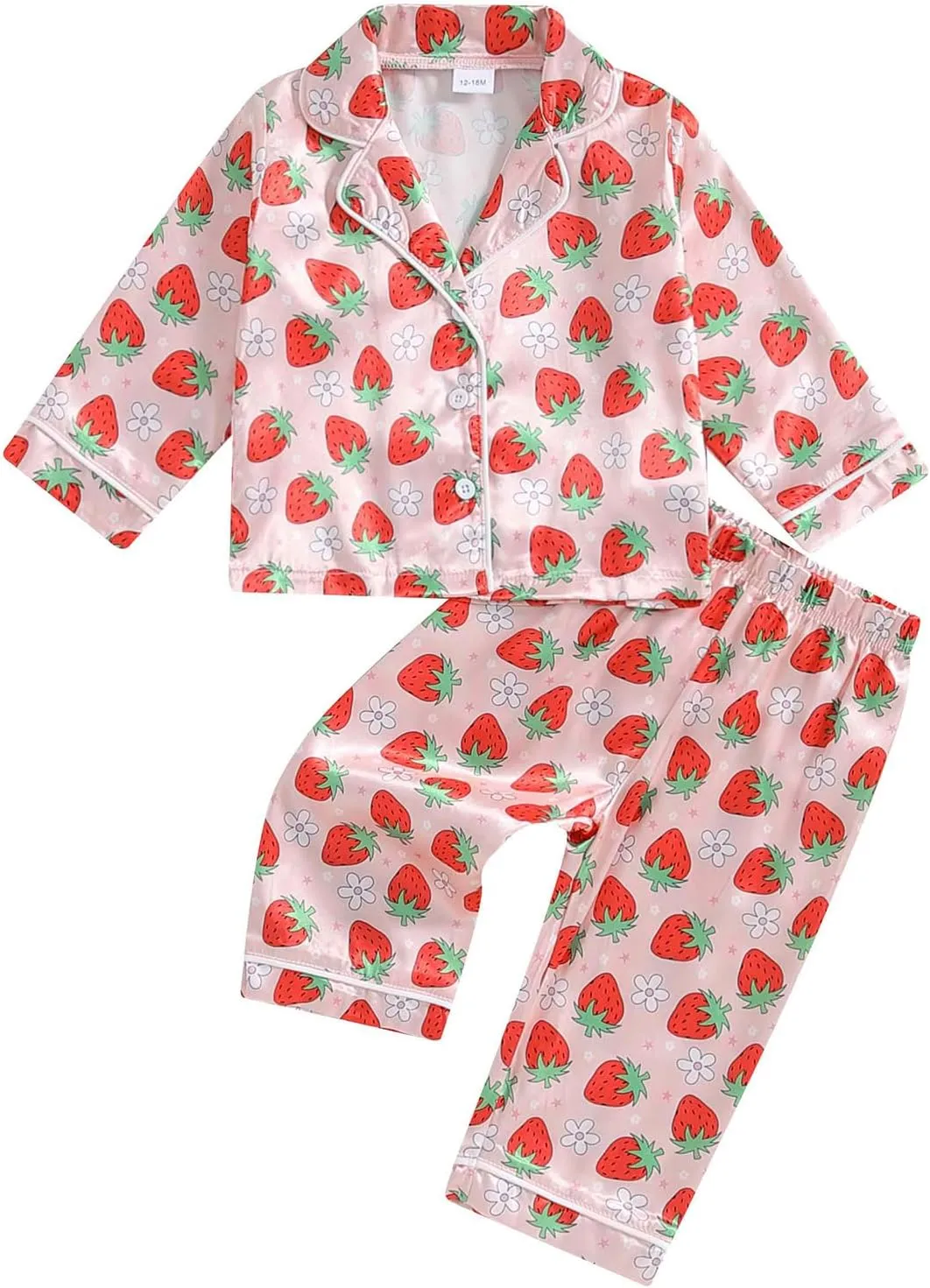 Kids Girls Pajamas Baby Short/Long Sleeve Lapel Button Down Tops Pants Satin Sleepwear Silk Fall Spring Loungewear (Y Strawberry Pink, 4-5 Years)