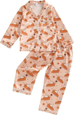Kids Girls Pajamas Baby Short/Long Sleeve Pumpkin&Turkey Print Button Down Tops Pants Satin Thanksgiving Pajamas (T Pumpkin Pie Orange, 18-24 Months)