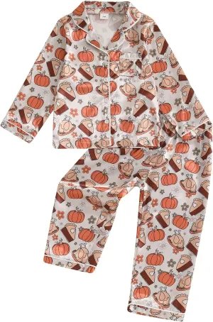 Kids Girls Pajamas Baby Short/Long Sleeve Pumpkin&Turkey Print Button Down Tops Pants Satin Thanksgiving Pajamas (T Turkey&Pumpkin, 18-24 Months)