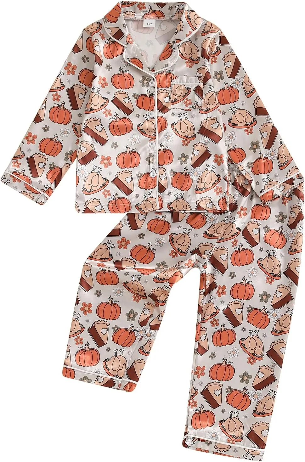 Kids Girls Pajamas Baby Short/Long Sleeve Pumpkin&Turkey Print Button Down Tops Pants Satin Thanksgiving Pajamas (T Turkey&Pumpkin, 18-24 Months)