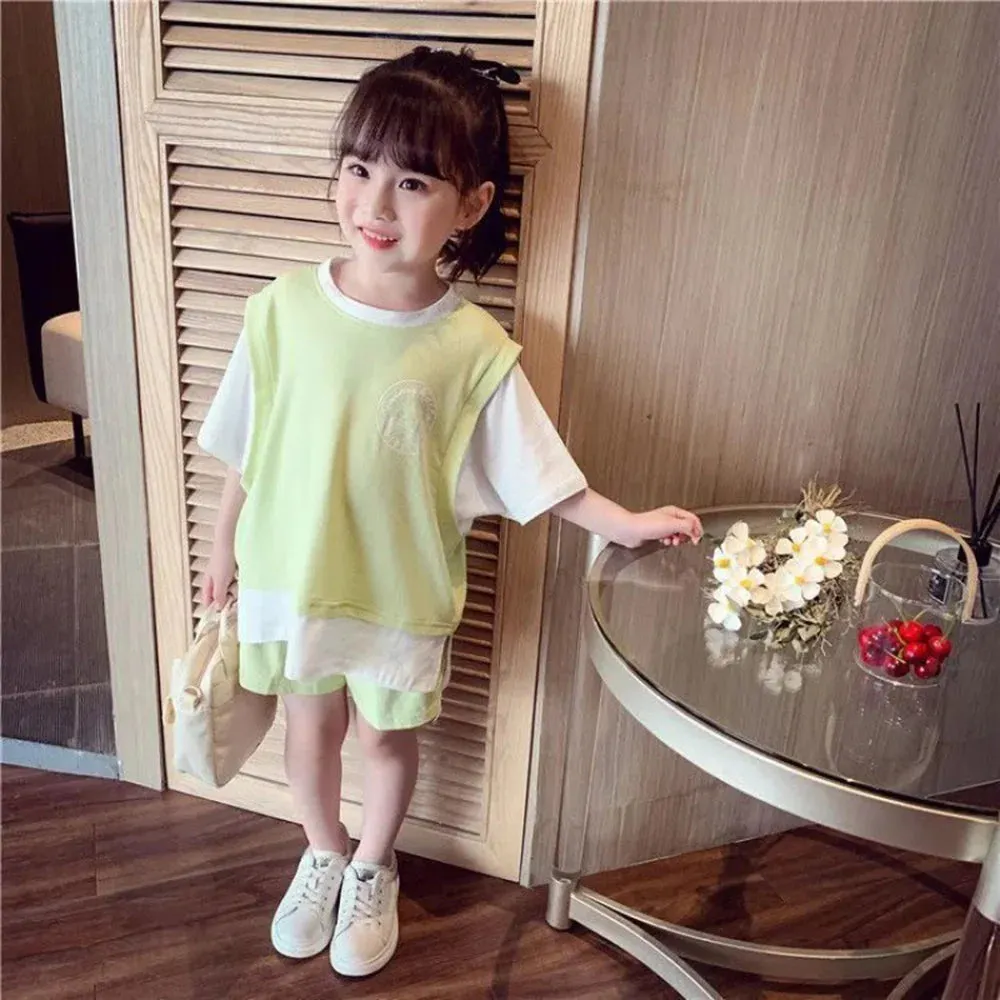 Kids Girls Patchwork Tops & Shorts Casual Clothing Set