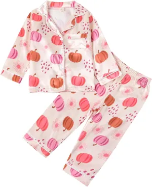 Kids Girls Satin Pajamas Baby Halloween Pajamas Pumpkin Floral Button Down Tops And Long Pants Satin Fall Sleepwear (Pink Pumpkin Patch, 3-4 Years)