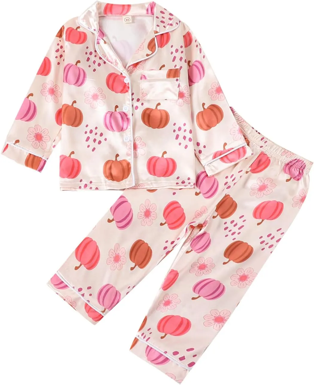 Kids Girls Satin Pajamas Baby Halloween Pajamas Pumpkin Floral Button Down Tops And Long Pants Satin Fall Sleepwear (Pink Pumpkin Patch, 3-4 Years)