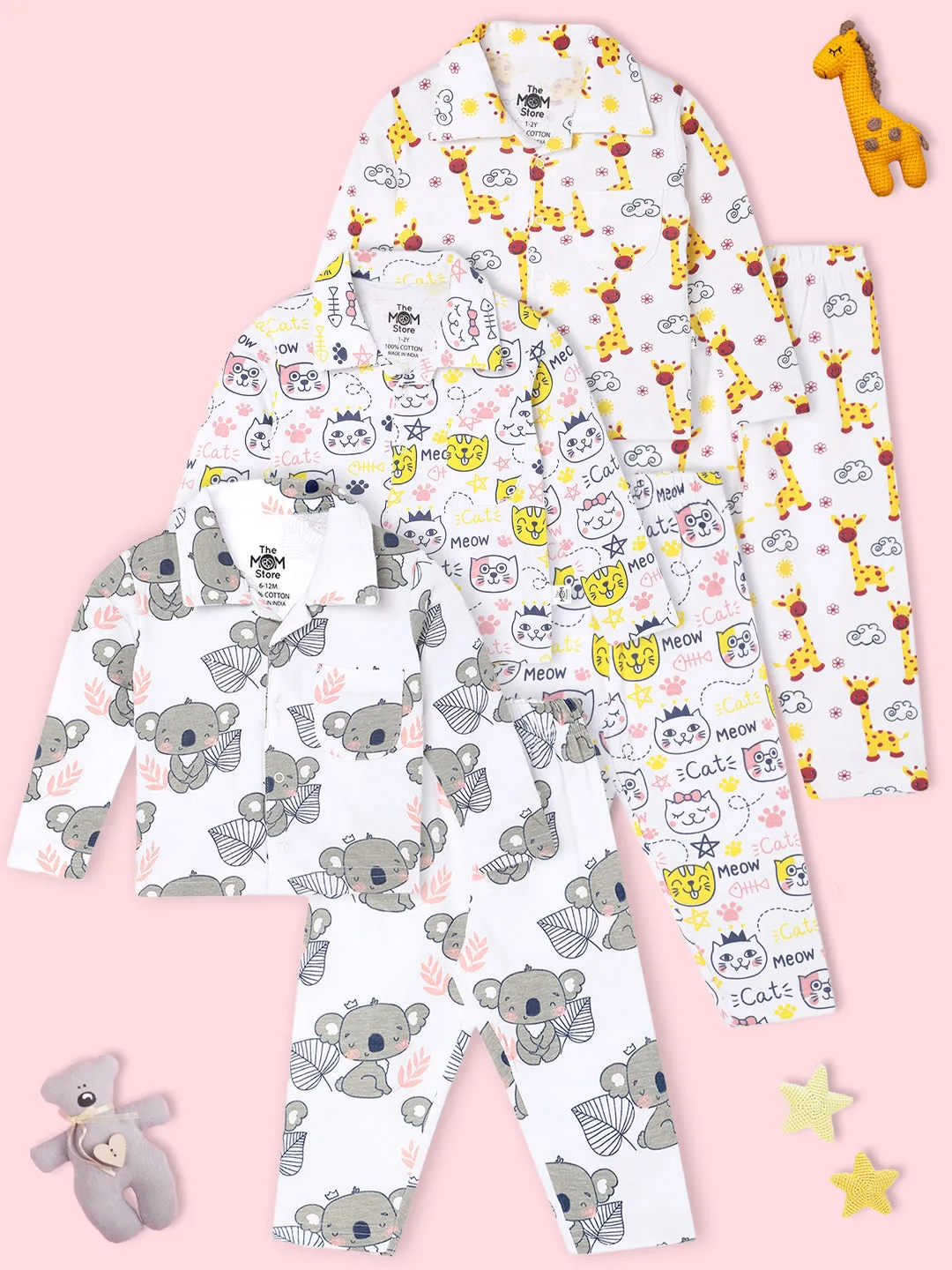 Kids Pajama Set Combo of 3  - Baby Koala, Tall as a Giraffe & Meow Meow