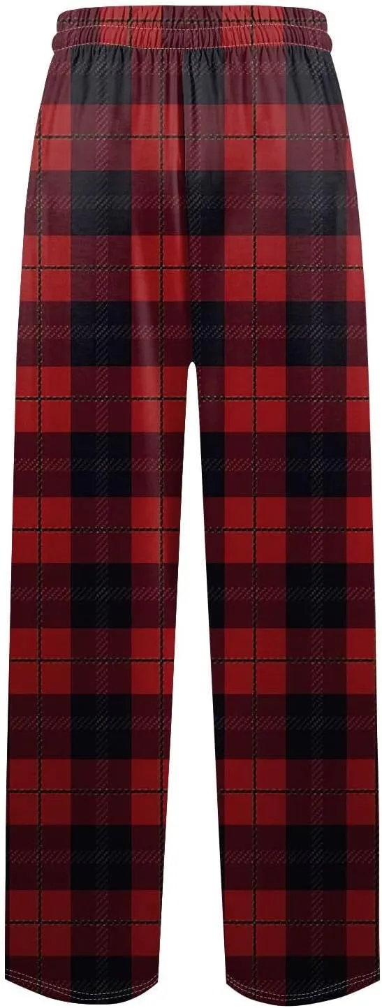 KUIOLYPOER Men's Pajama Pants Plaid Print Pockets Lounge Pants Lightweight Drawstring Straight Leg Pajama Pants Bottoms