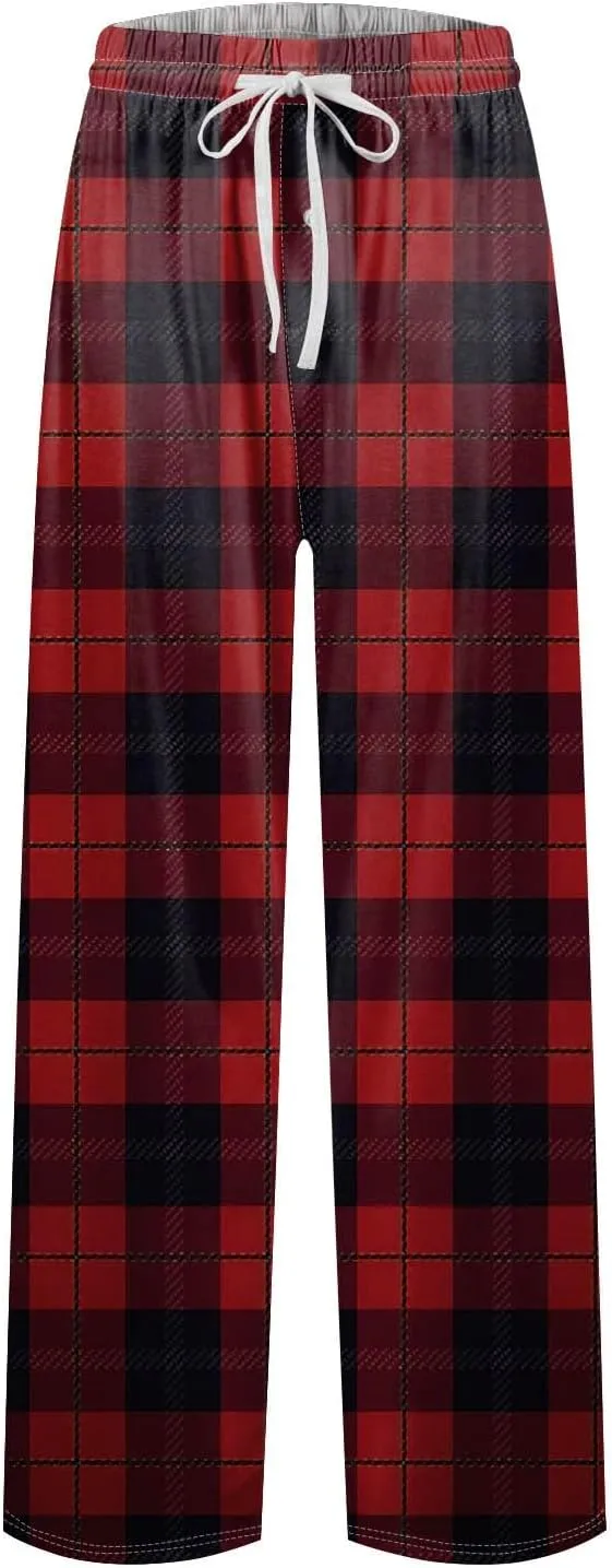 KUIOLYPOER Men's Pajama Pants Plaid Print Pockets Lounge Pants Lightweight Drawstring Straight Leg Pajama Pants Bottoms