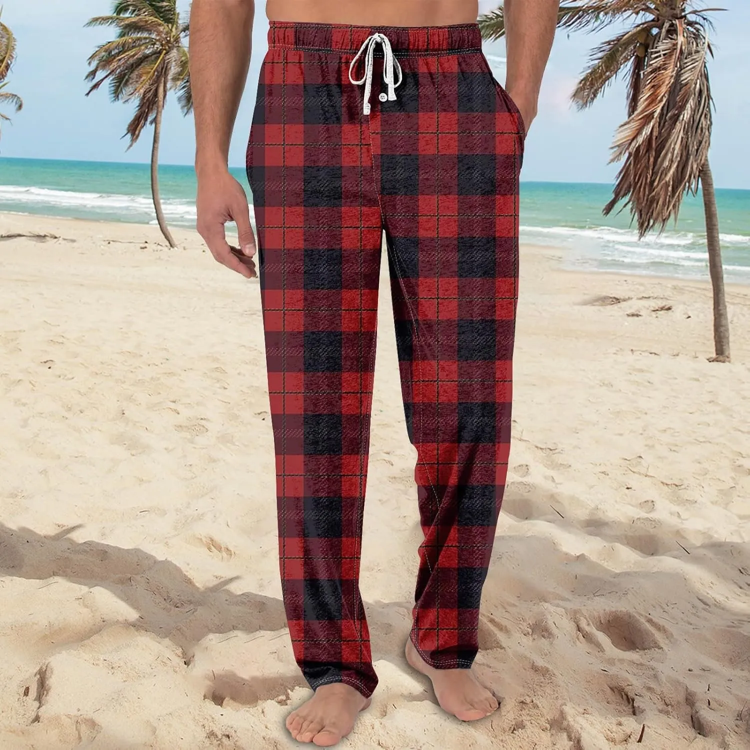 KUIOLYPOER Men's Pajama Pants Plaid Print Pockets Lounge Pants Lightweight Drawstring Straight Leg Pajama Pants Bottoms