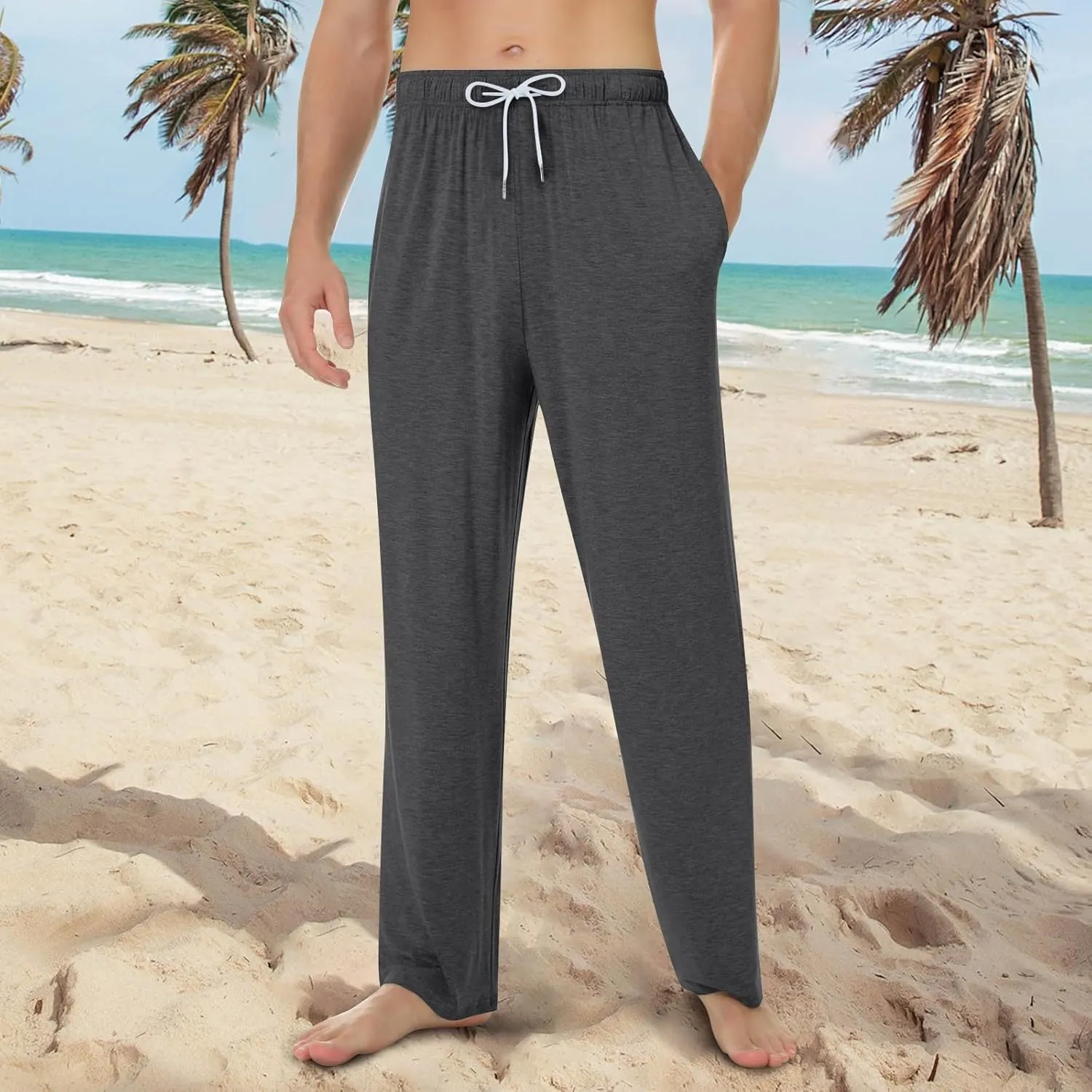 KUIOLYPOER Pajama Pants Men Solid Color Casual Baggy Sleepwear House Pjs Pants Sleep Pants Drawstring Pockets Pajama Pants