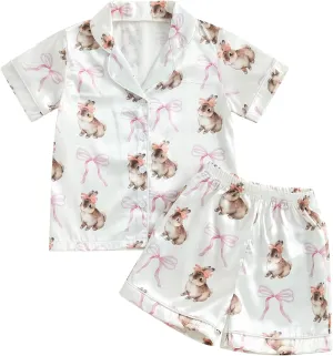 Kuriozud 4th of July Baby Girl Pajamas Silk Stain Pjs Summer Shirt Tops Shorts 2Piece Set Toddler Kids Little Girl Sleepwear