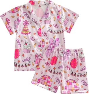 Kuriozud Birthday Girl Pajamas Silk Stain Pjs Shirt Tops Shorts 2Piece Set Birthday Toddler Kids Little Girl Nightgown Gift