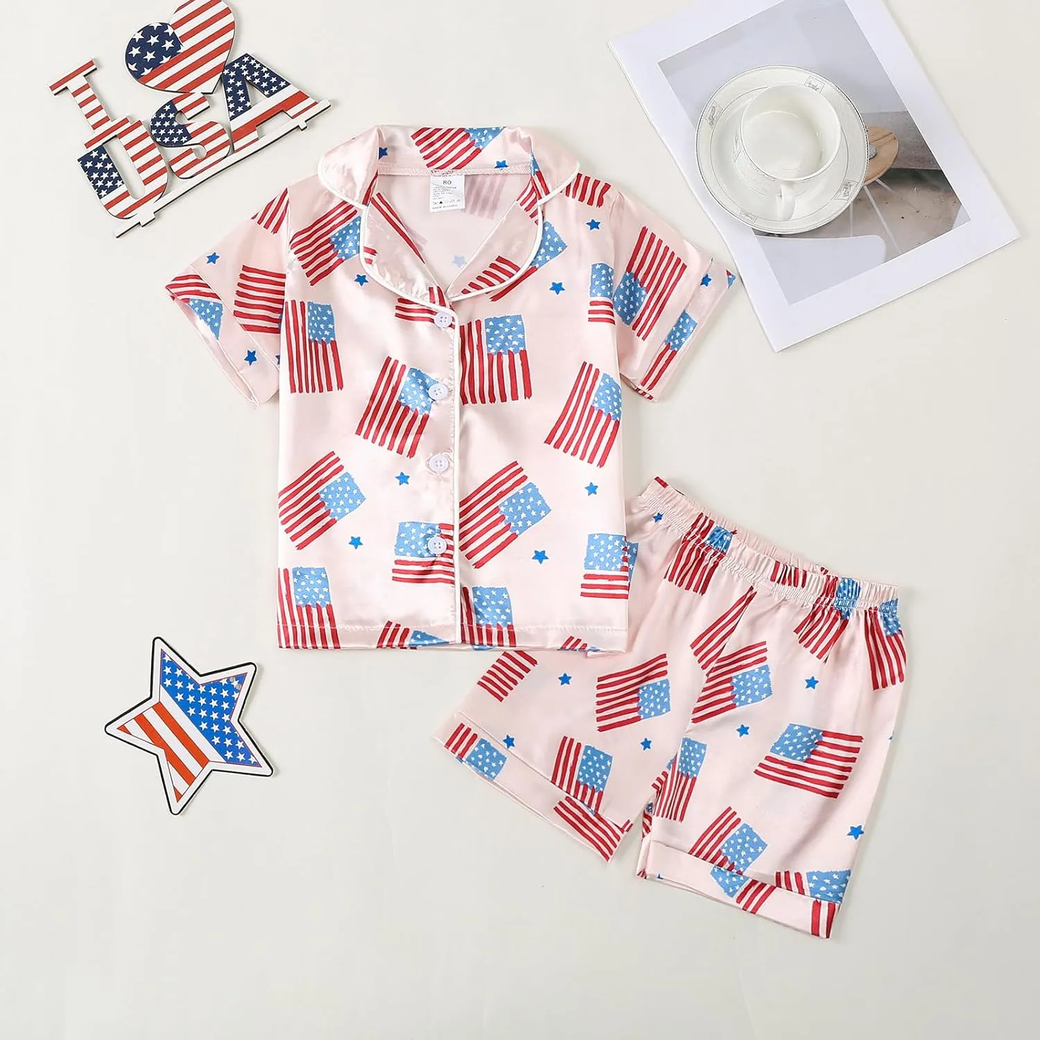 Kuriozud Toddler Baby Girl Boy 4th of July Outfits Pajamas Set Fourth of july American Flag Button Tops Shorts Sleepwear