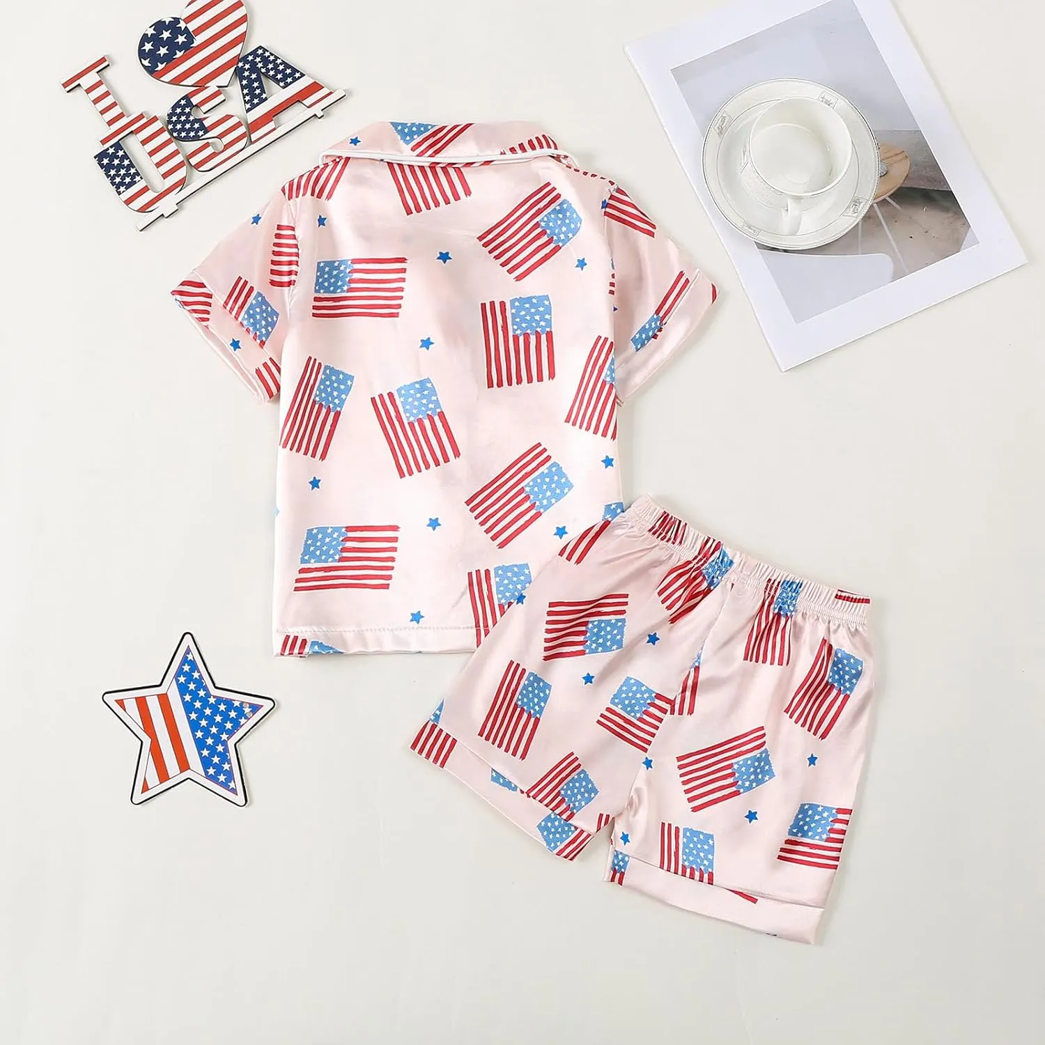 Kuriozud Toddler Baby Girl Boy 4th of July Outfits Pajamas Set Fourth of july American Flag Button Tops Shorts Sleepwear
