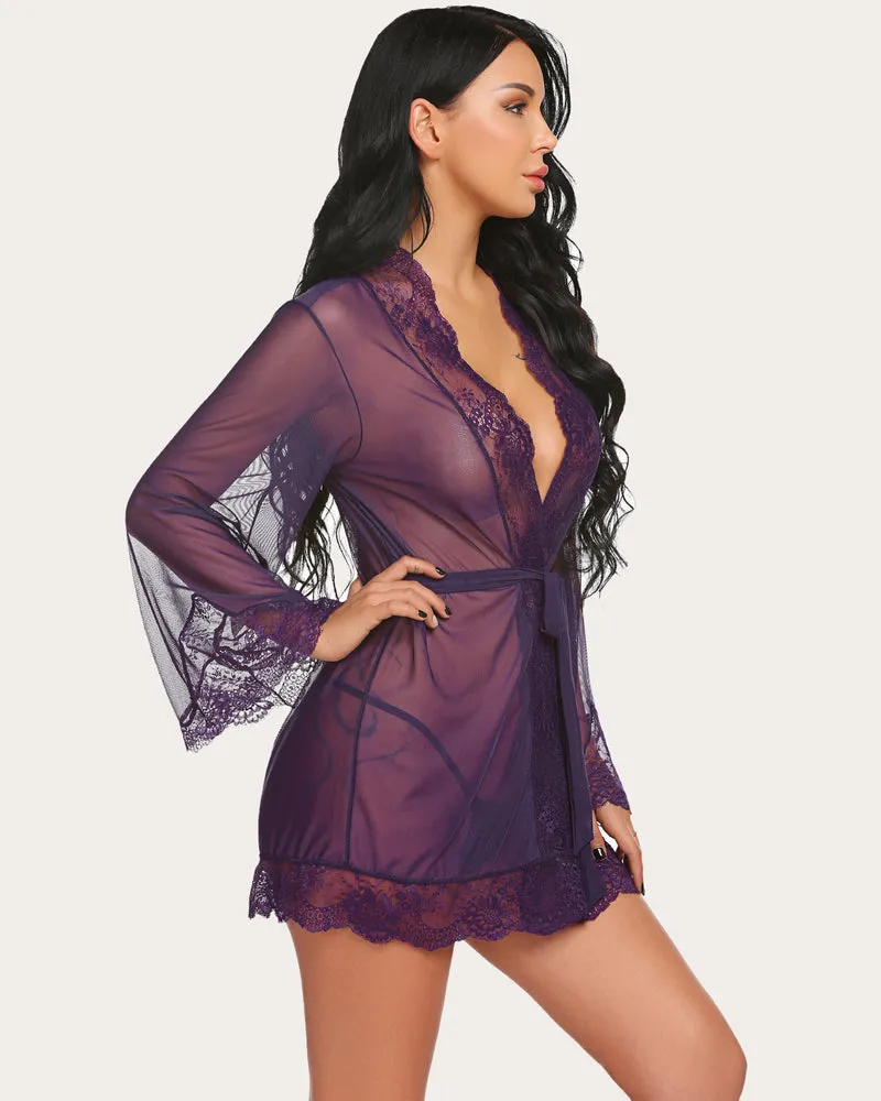 Leopard Lace Kimono Robe Mesh Nightgown
