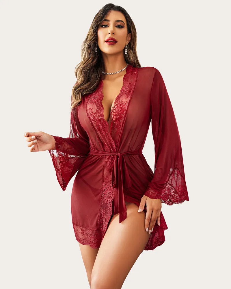 Leopard Lace Kimono Robe Mesh Nightgown