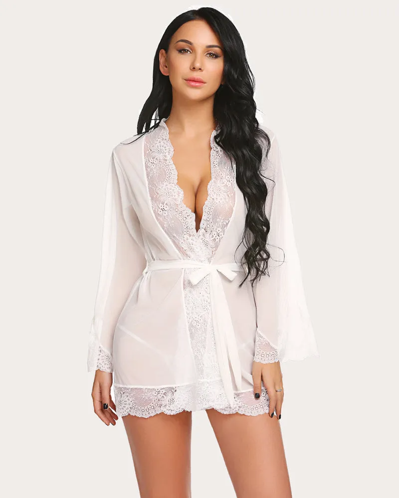 Leopard Lace Kimono Robe Mesh Nightgown