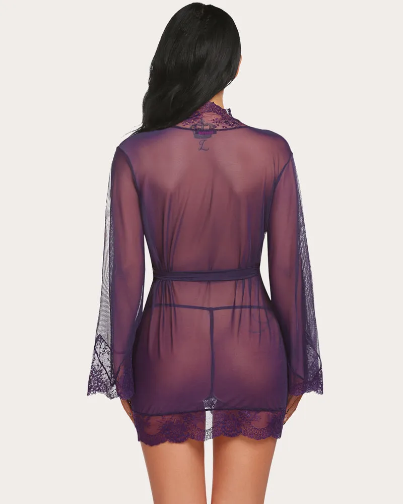 Leopard Lace Kimono Robe Mesh Nightgown