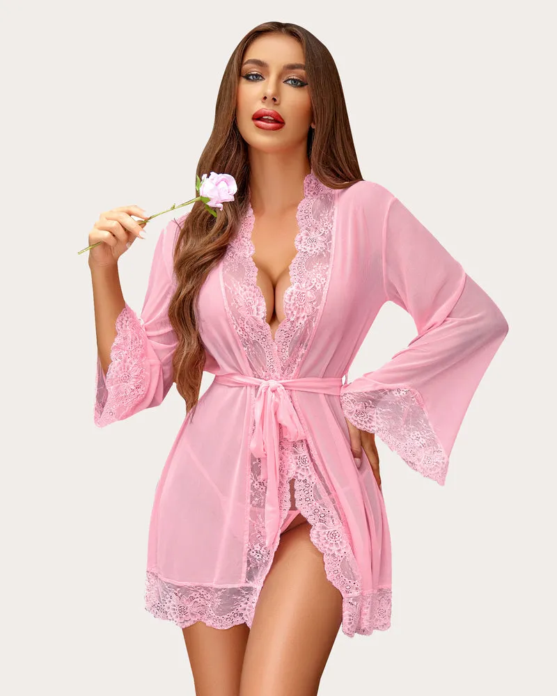 Leopard Lace Kimono Robe Mesh Nightgown
