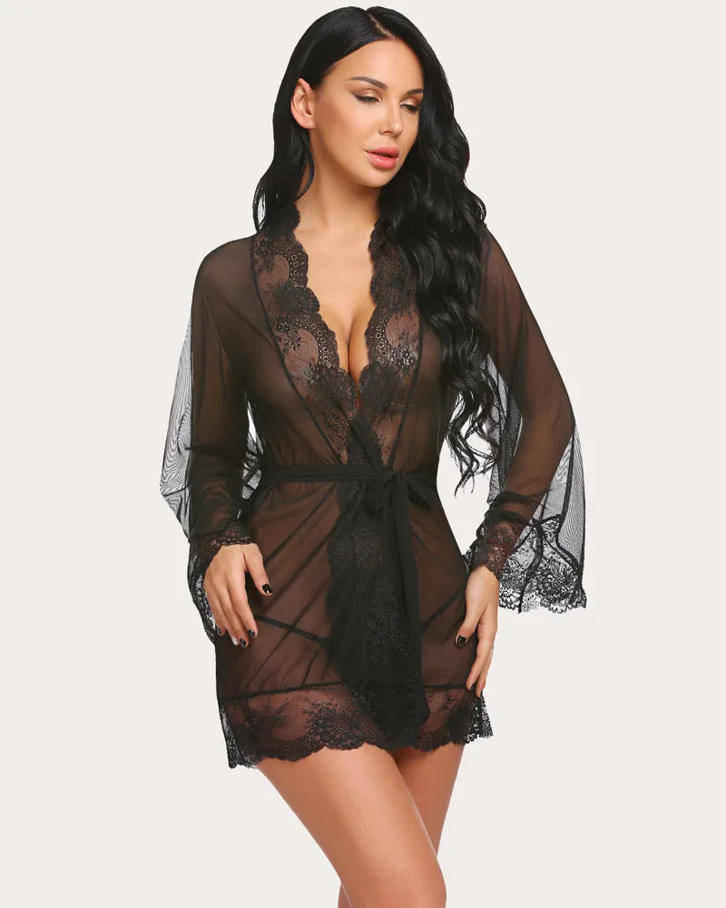 Leopard Lace Kimono Robe Mesh Nightgown