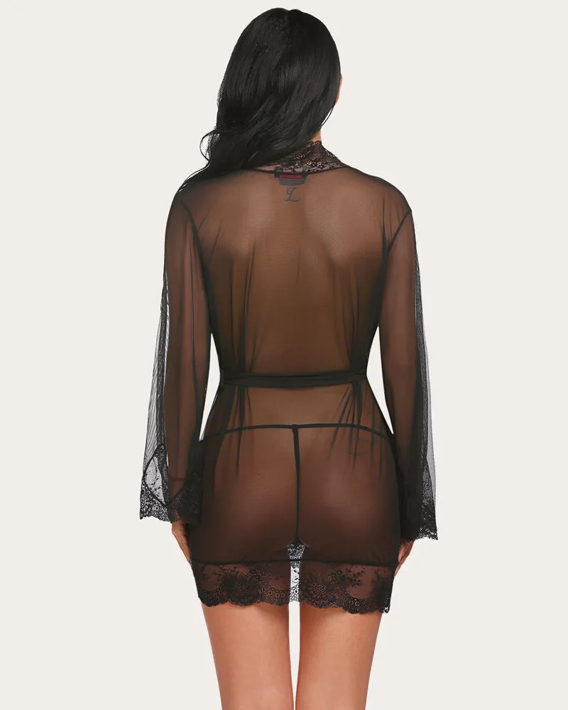Leopard Lace Kimono Robe Mesh Nightgown