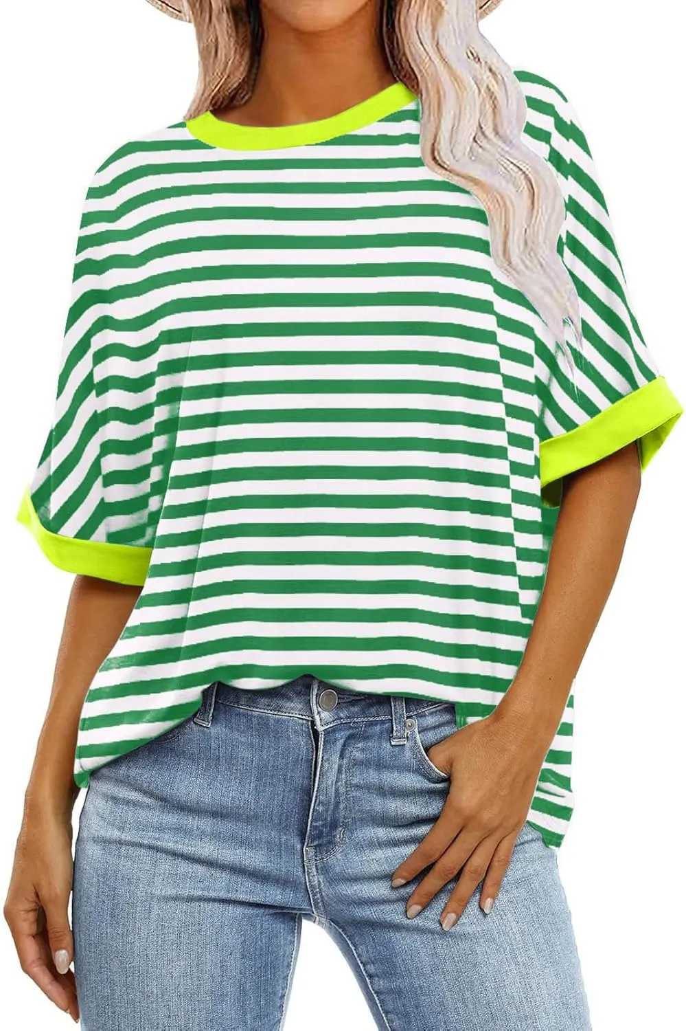 LFEOOST Oversized Tshirts for Women 2024 Casual Short Sleeve Crewneck Summer Y2k Tops Striped Loose Basic Tee Shirts Blouses