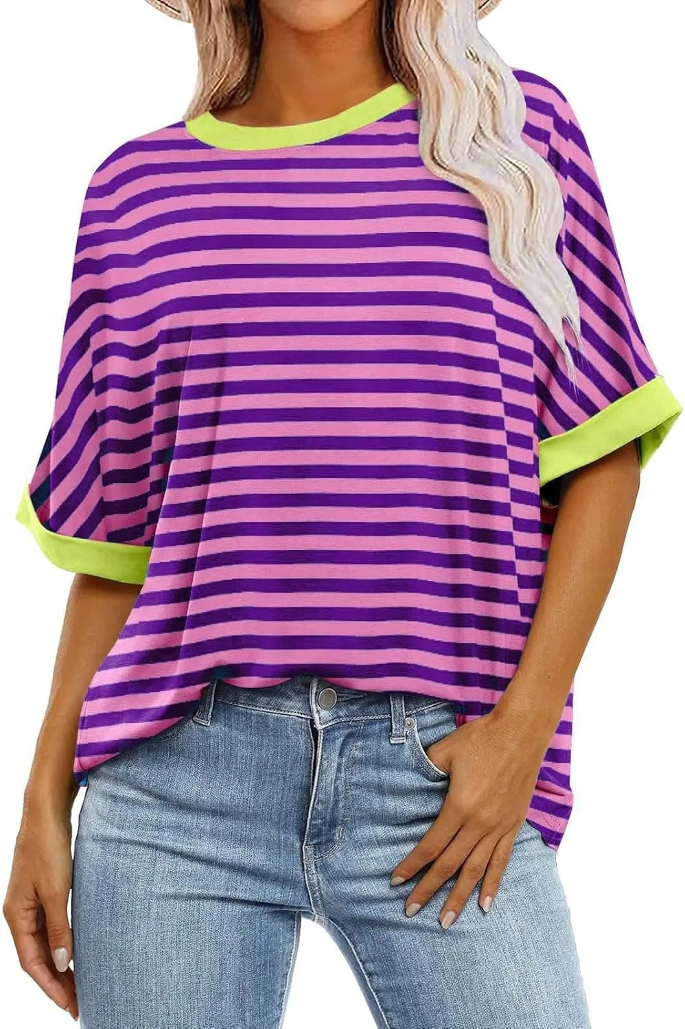 LFEOOST Oversized Tshirts for Women 2024 Casual Short Sleeve Crewneck Summer Y2k Tops Striped Loose Basic Tee Shirts Blouses