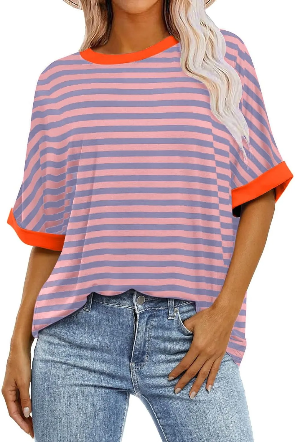 LFEOOST Oversized Tshirts for Women 2024 Casual Short Sleeve Crewneck Summer Y2k Tops Striped Loose Basic Tee Shirts Blouses