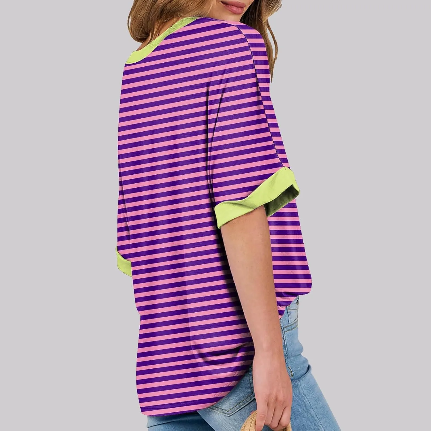 LFEOOST Oversized Tshirts for Women 2024 Casual Short Sleeve Crewneck Summer Y2k Tops Striped Loose Basic Tee Shirts Blouses