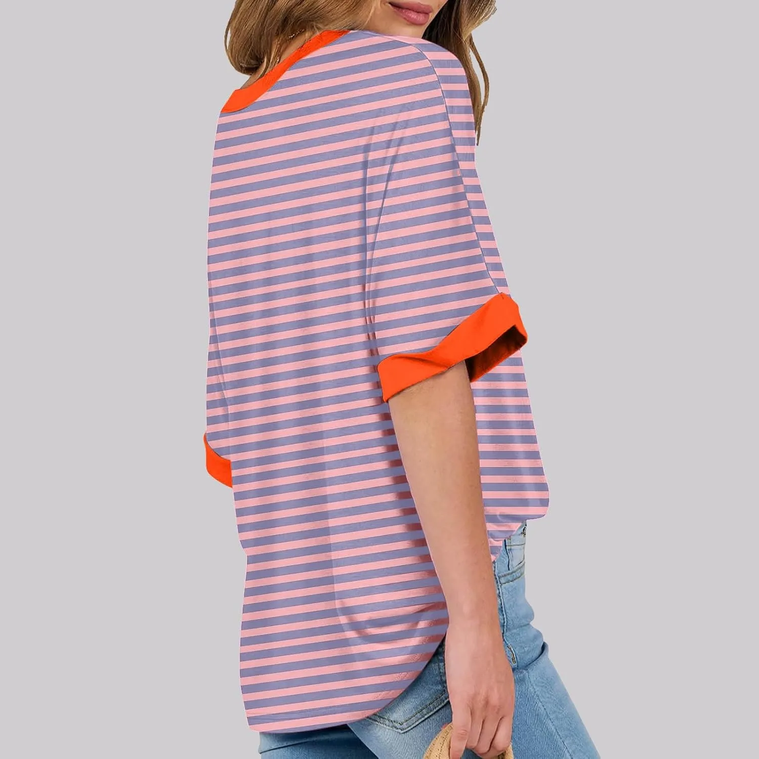 LFEOOST Oversized Tshirts for Women 2024 Casual Short Sleeve Crewneck Summer Y2k Tops Striped Loose Basic Tee Shirts Blouses