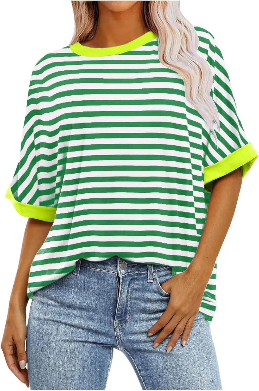 LFEOOST Oversized Tshirts for Women 2024 Casual Short Sleeve Crewneck Summer Y2k Tops Striped Loose Basic Tee Shirts Blouses