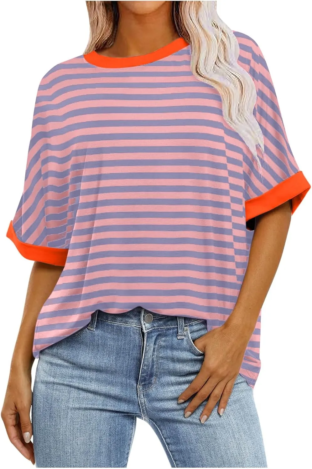 LFEOOST Oversized Tshirts for Women 2024 Casual Short Sleeve Crewneck Summer Y2k Tops Striped Loose Basic Tee Shirts Blouses