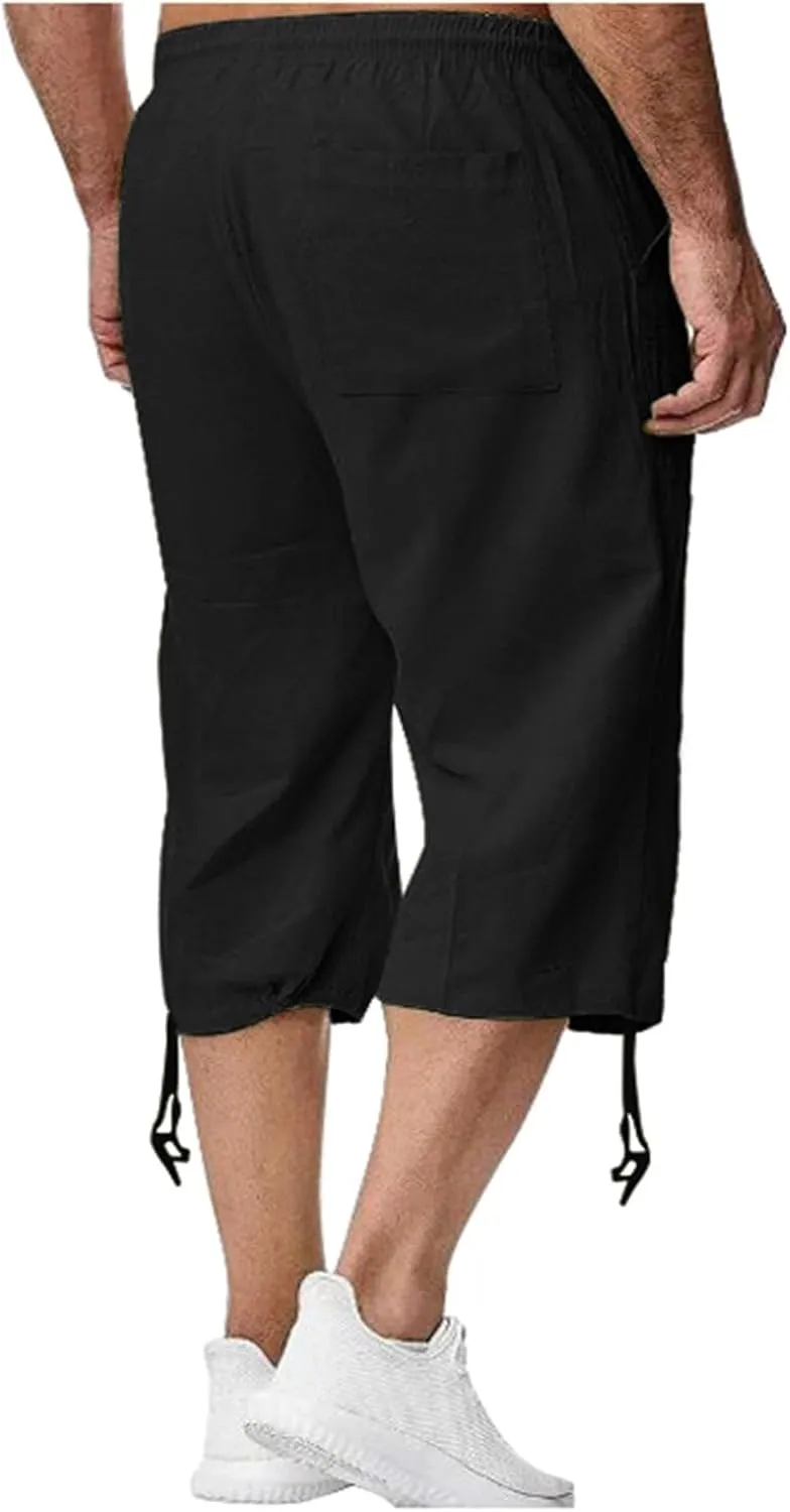 Linen Capris Pants for Men Casual Lightweight Drawstring Elastic Waist 3/4 Shorts Summer Beach Yoga Pants with Pocket