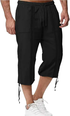 Linen Capris Pants for Men Casual Lightweight Drawstring Elastic Waist 3/4 Shorts Summer Beach Yoga Pants with Pocket
