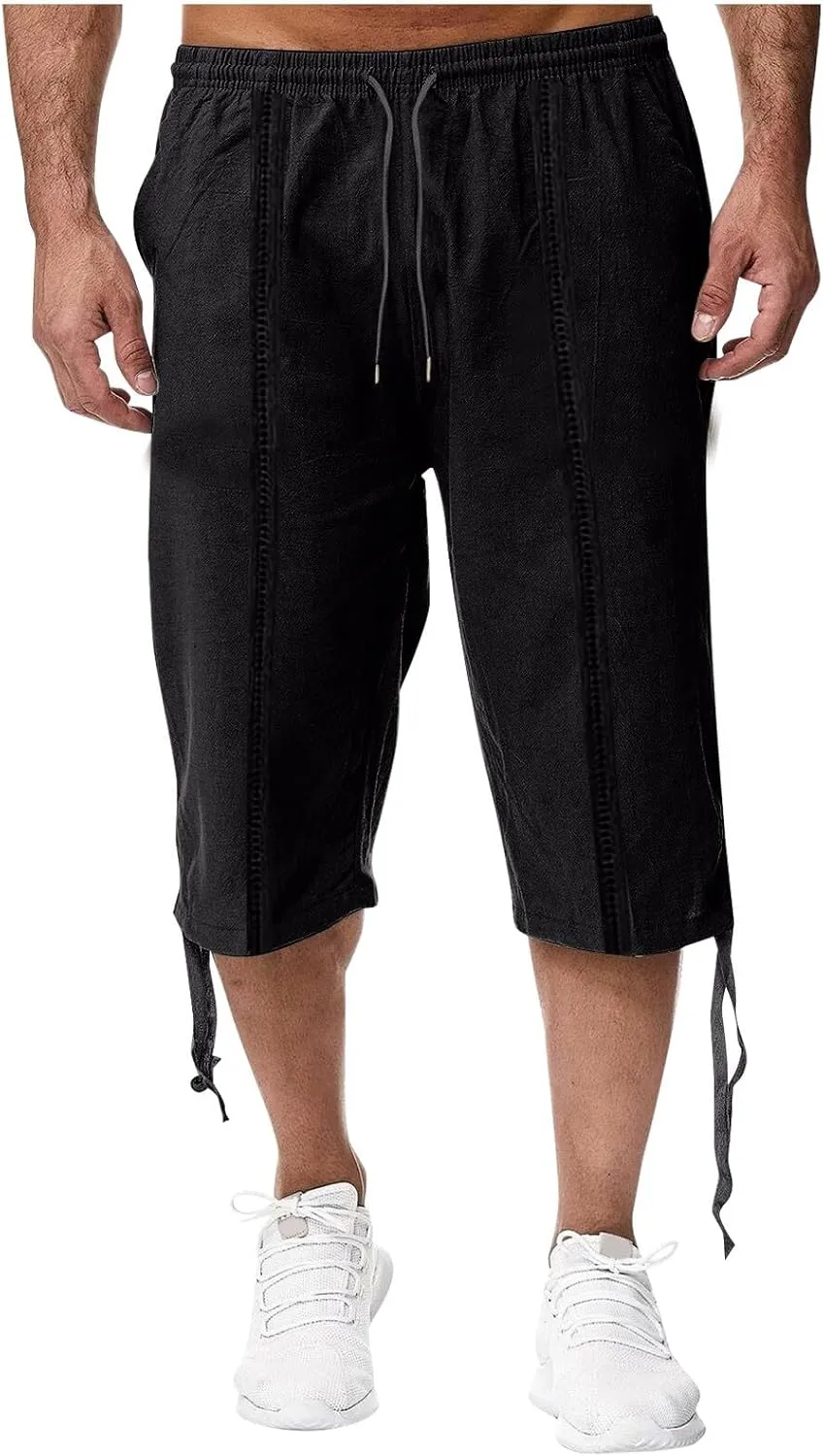 Linen Capris Pants for Men Casual Lightweight Drawstring Elastic Waist 3/4 Shorts Summer Beach Yoga Pants with Pocket