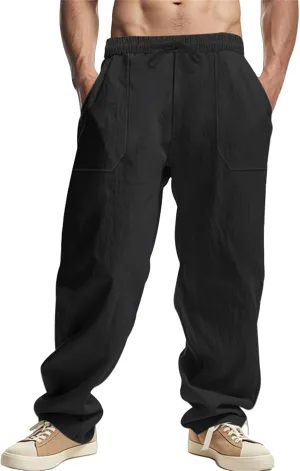 Linen Cargo Pants for Men Baggy Drawstring Elastic Waist Hip Hop Pants Beach Yoga Lightweight Travel Lounge Pants