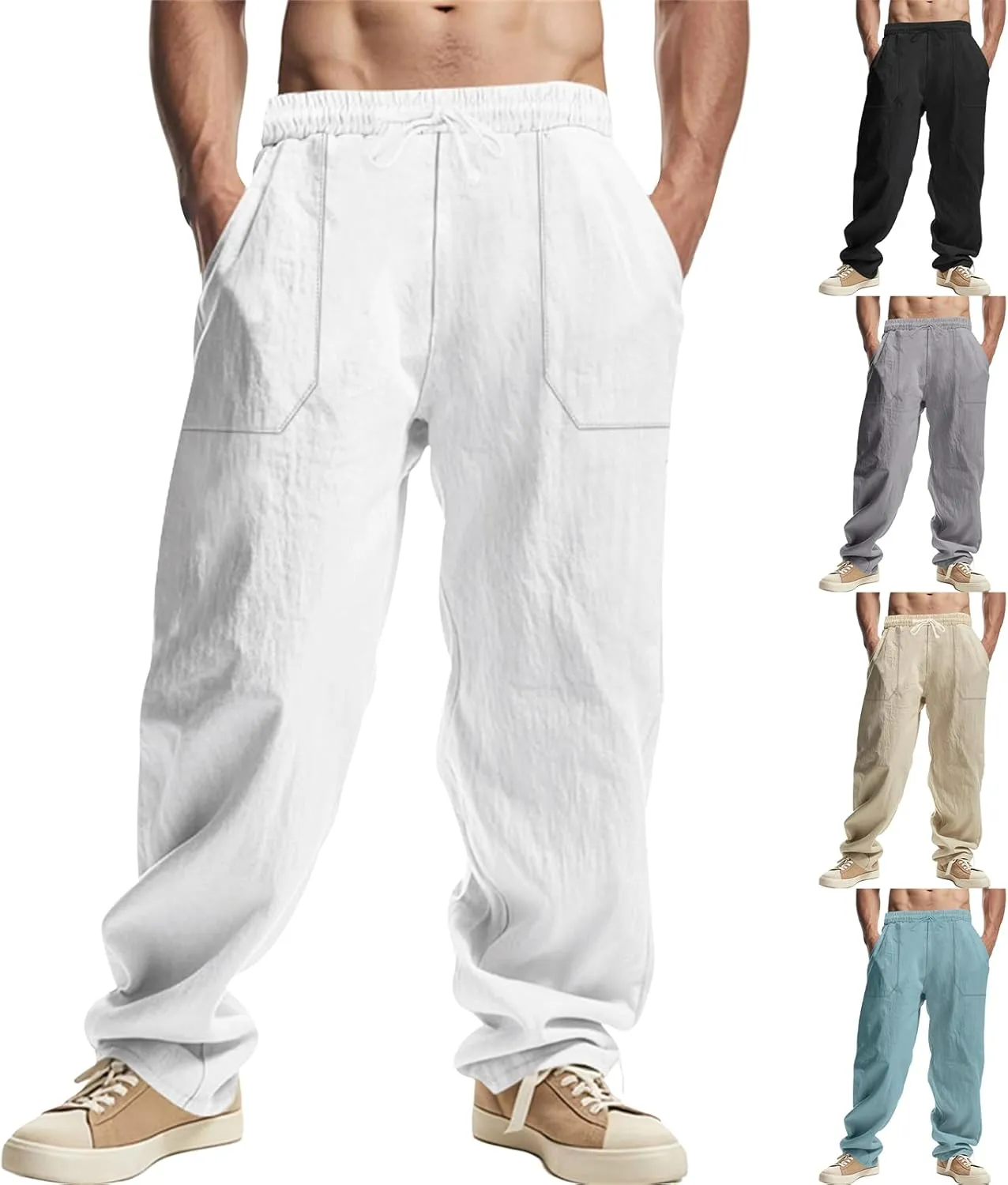 Linen Cargo Pants for Men Baggy Drawstring Elastic Waist Hip Hop Pants Beach Yoga Lightweight Travel Lounge Pants
