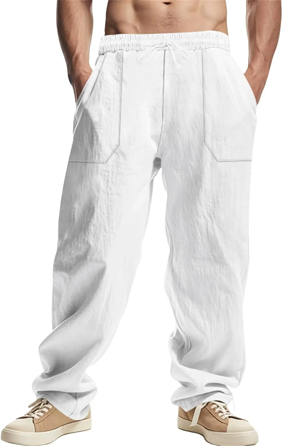 Linen Cargo Pants for Men Baggy Drawstring Elastic Waist Hip Hop Pants Beach Yoga Lightweight Travel Lounge Pants