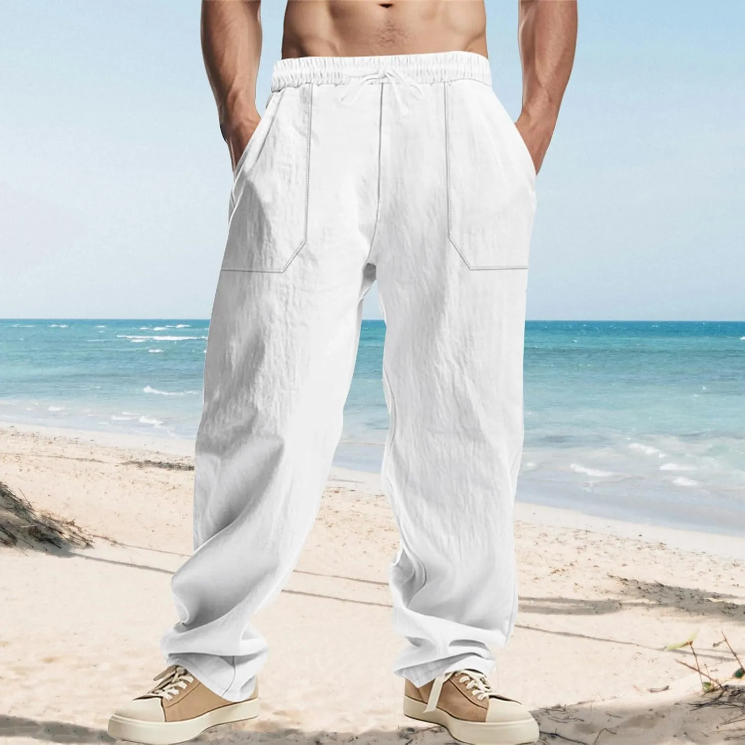 Linen Cargo Pants for Men Baggy Drawstring Elastic Waist Hip Hop Pants Beach Yoga Lightweight Travel Lounge Pants