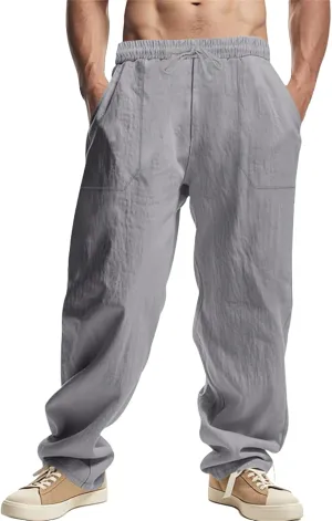 Linen Cargo Pants for Men Baggy Drawstring Elastic Waist Hip Hop Pants Beach Yoga Lightweight Travel Lounge Pants